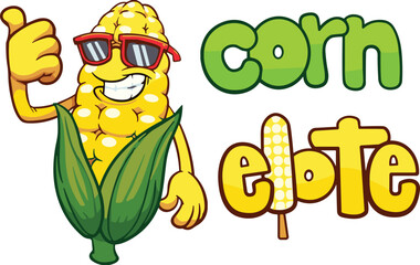 Cartoon corn character illustration, elote food concept, cheerful vegetable mascot, Mexican street food theme, colorful vector art, playful design, stock image