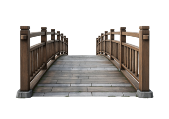 Wooden Garden Bridge with Curved Railings isolated on a transparent background