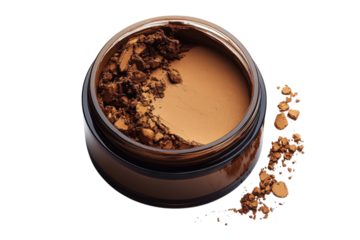 Loose face powder in a jar with a neutral tone perfect for makeup application and beauty routines on transparent background