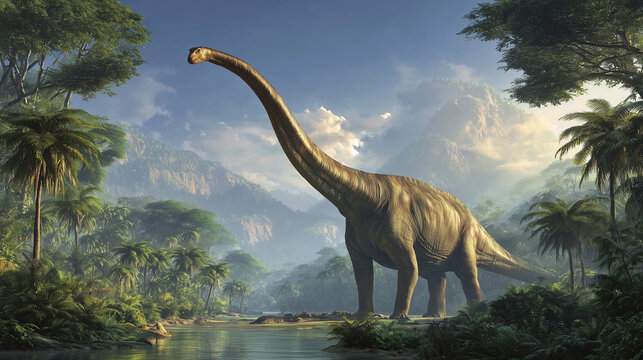 Un Diplodocus dans les plaines du Jurassique sup&eacute;rieur, au milieu de mar&eacute;cages et for&ecirc;ts