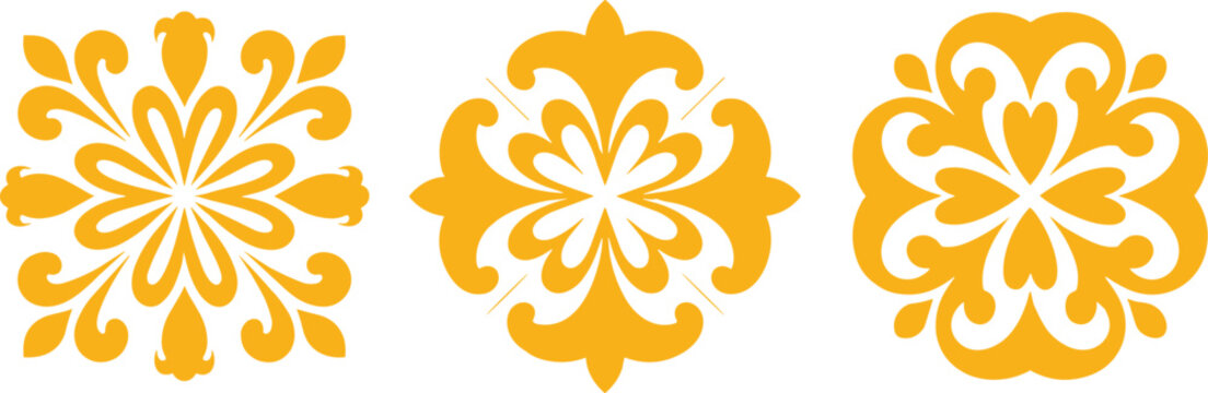 Golden floral ornament vector, symmetrical decorative motifs, elegant petal designs, minimal line art, white background graphic, artistic pattern illustration set