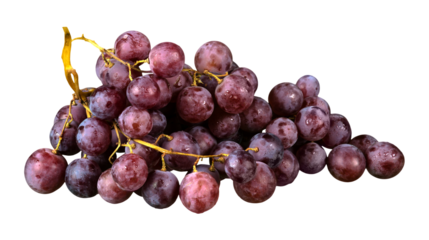 Fresh ripe red grapes bunch isolated on transparent background PNG, sweet juicy fruit for wine, desserts, juice, and healthy snacks.