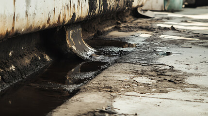 A scene of industrial decay featuring leaking pipes and contaminated ground, captures the harsh reality of environmental degradation and the lasting impact of industrial processes.