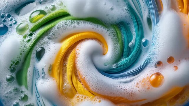 Vibrant multicolored fabrics swirling in a mesmerizing spiral within bubbly, foamy water, suggesting a laundry process.