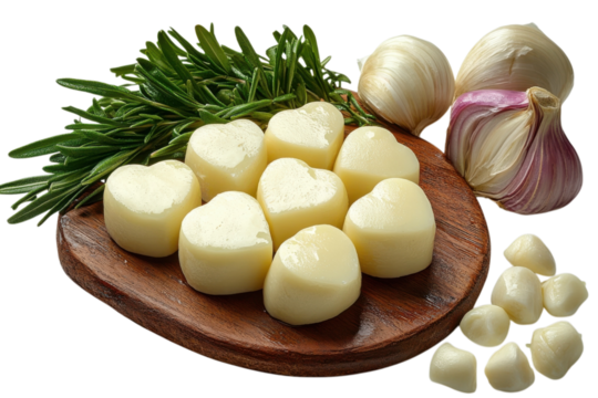 Heart shaped cheese with garlic and rosemary on a wooden board for a romantic appetizer idea on transparent background