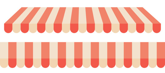 Red and white striped shop awning. Vector illustration of a store or market canopy isolated on transparent background.   © Olga Tsikarishvili