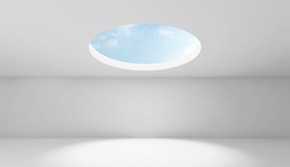 A clean white studio space features a round skylight that frames a clear blue sky. 3d