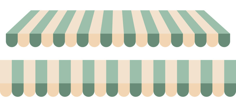 Green and beige striped shop awning. Vector illustration of a vintage store or market canopy isolated on transparent background. Seamless pattern stripes store awning. 
