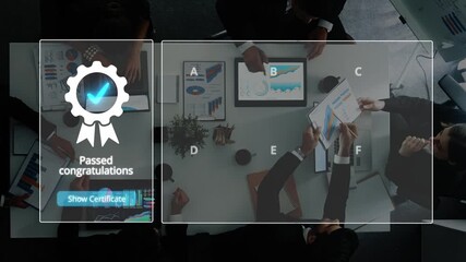A dynamic scene showcasing professionals celebrating a successful project with a digital achievement certificate and active discussions in a modern office setting. Raster