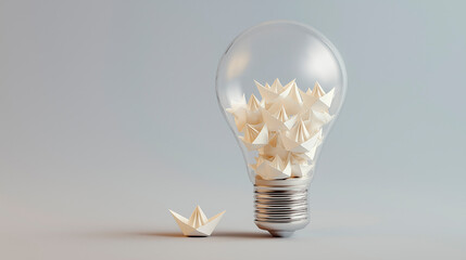 light bulb filled with tiny paper boats, imagination contained within logic