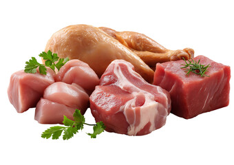 Assorted Raw Meat Products and Chicken isolated on a transparent background