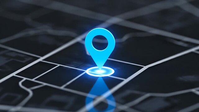 Luminous blue location pin marking a specific destination on a dark, stylized digital street map for navigation and travel concepts