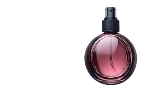 Elegant perfume bottle with a round glass design and dark spray nozzle studio shot on transparent background