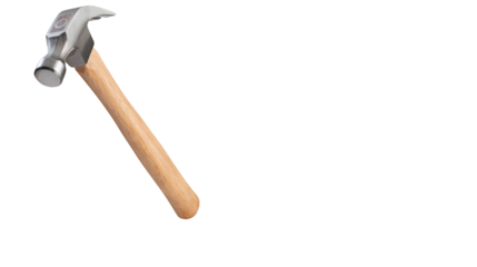 Metal hammer with smooth wooden handle isolated on transparent background, PNG image for construction, carpentry, and repair tool concepts.