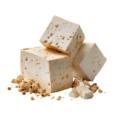 Three White Marshmallow Cubes and Crumbs isolated on a transparent background