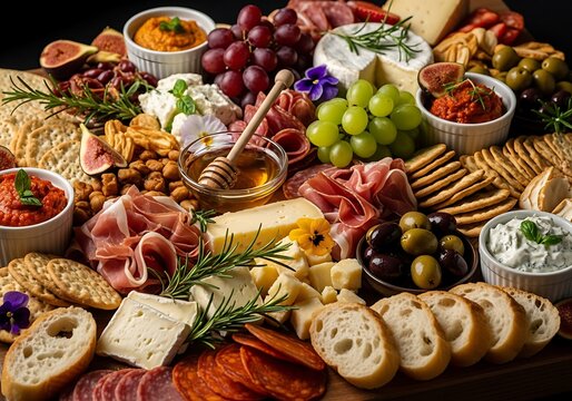 Delicious charcuterie board with cheese, meat, fruit, and crackers on a table - Powered by Adobe