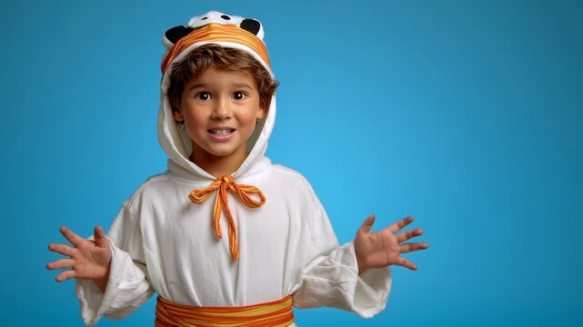 A child in a costume expressing playful surprise.