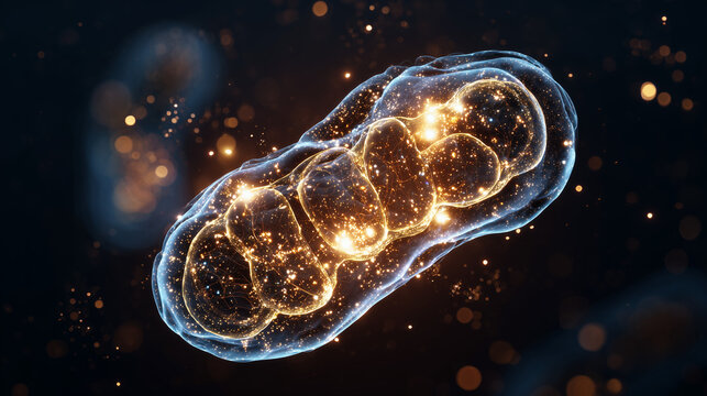 Stylized 3D Mitochondrion Generating Glowing ATP Particles &ndash; Bioluminescent Cellular Energy Visualization