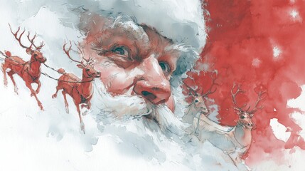 Santa Claus prepares for Christmas night with his reindeer against a snowy backdrop