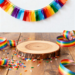 Fototapeta premium Festive product podium scene with rainbow decorations and sprinkles
