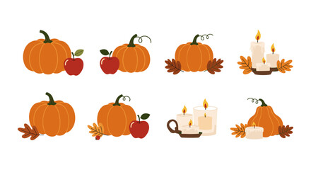 Autumn harvest collection: pumpkins, apples, and candles in flat design