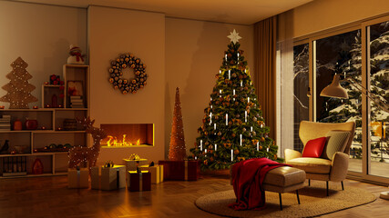Christmas tree Large luxury modern bright interiors Living room mockup illustration 3D rendering image