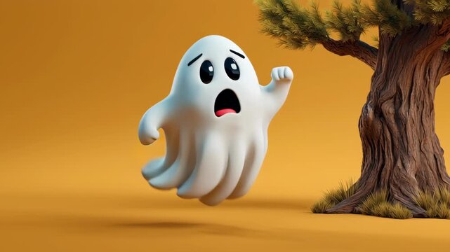 A playful ghost surprises by a tree.