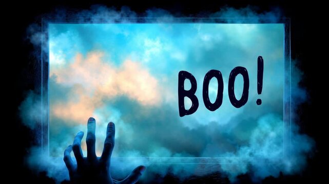 A spooky hand appears behind a foggy glass pane.