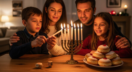 Happy family with joyful mood lighting menorah candles during Hanukkah celebration in cozy home interior
