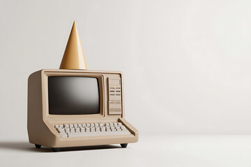 Vintage Beige Computer with Cone Hat. A retro computer in a beige color. The screen is off and there is a cone hat. It is a computer with a keyboard and a screen.