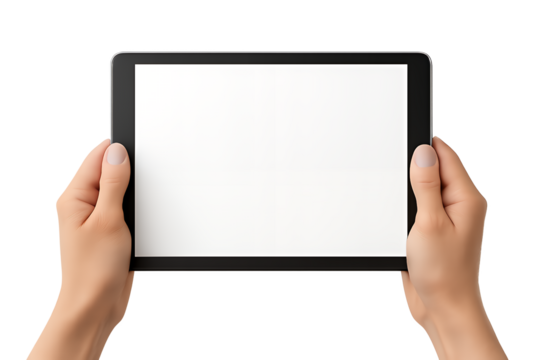 Hands holding a tablet with blank screen isolated on transparent background