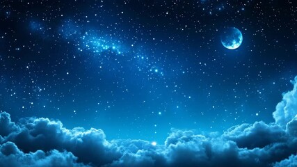 Ultra HD A breathtaking night view showcases a crescent moon shining above soft clouds video, ethereal blue cloud aerial video, blue cloud sky drone video - Powered by Adobe