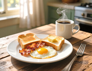 Breakfast. Scrambled eggs with bacon and toast and a hot cup of coffee