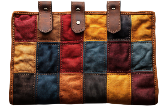 Colorful patchwork tote bag with leather straps and a unique design for fashion and everyday use on transparent background