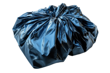 Shiny blue fabric draped artistically creating a modern abstract textile design element on a black backdrop on transparent background
