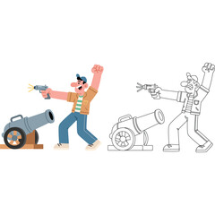Cartoon Man with Toy Gun and Cannon Illustration line art playful whimsical character weapon fire drawing sketch