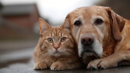 A heartwarming moment between a ginger tabby cat and a golden labrador retriever, showcasing their friendship in a close-up, cozy embrace. A true bond between a cat and a dog.