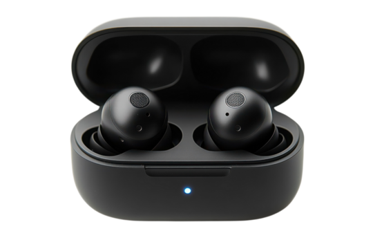 Wireless earbuds in charging case showcasing portable audio technology for music and calls on the go on transparent background - Powered by Adobe
