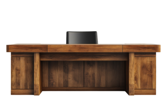 Elegant executive desk crafted from rich wood with a modern chair against a for office use on transparent background