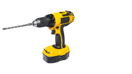 Yellow and black cordless electric drill with metal bit, portable power tool for construction, renovation and DIY repair work, isolated on transparent background, PNG