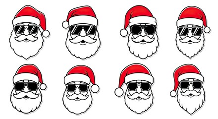 Cool Santa Claus faces with sunglasses, modern holiday icons for festive designs