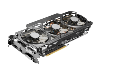 High-performance computer graphics card with triple cooling fans and metal frame for gaming or rendering, isolated on transparent background, PNG