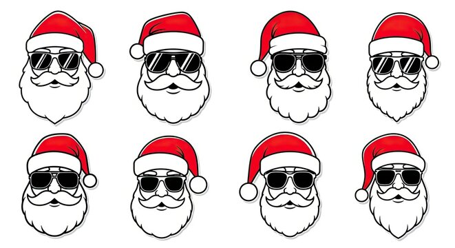 Cool Santa Claus faces with sunglasses, modern holiday icons for festive designs