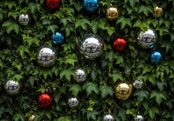 Festive christmas ornaments adorn a lush green ivy wall