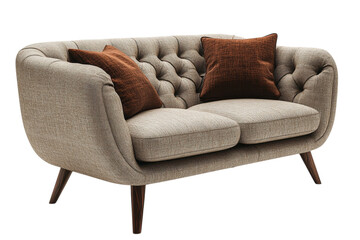 Elegant loveseat with tufted back and brown cushions perfect for modern living room decor and interior design on transparent background