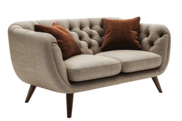 Elegant loveseat with tufted back and brown cushions perfect for modern living room decor and interior design on transparent background