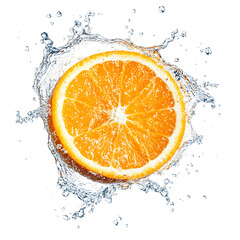 Juicy orange slice splash captures refreshing citrus burst in dynamic water droplets isolated on transparent background