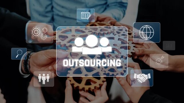 Engaging teamwork representation featuring hands holding gears, depicting outsourcing strategies, global partnerships, and modern business collaboration in a professional setting. Raster