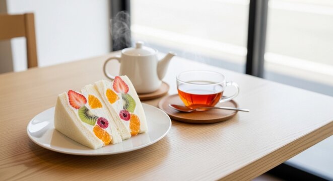 A clean-cut fruit sando sandwich with whipped cream and colorful fruit slices on a white plate. A cup of tea and teapot are on a wooden table in a cafe setting.