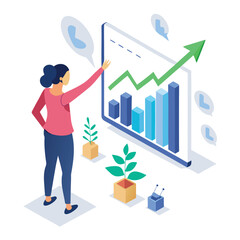 Businessman with graph and chart illustration showing growth and success